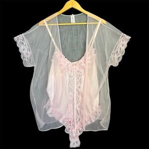 Vintage Lace Teddy Womens 2X Plus Pink Bodysuit Sheer Robe Set Coquette Bridal